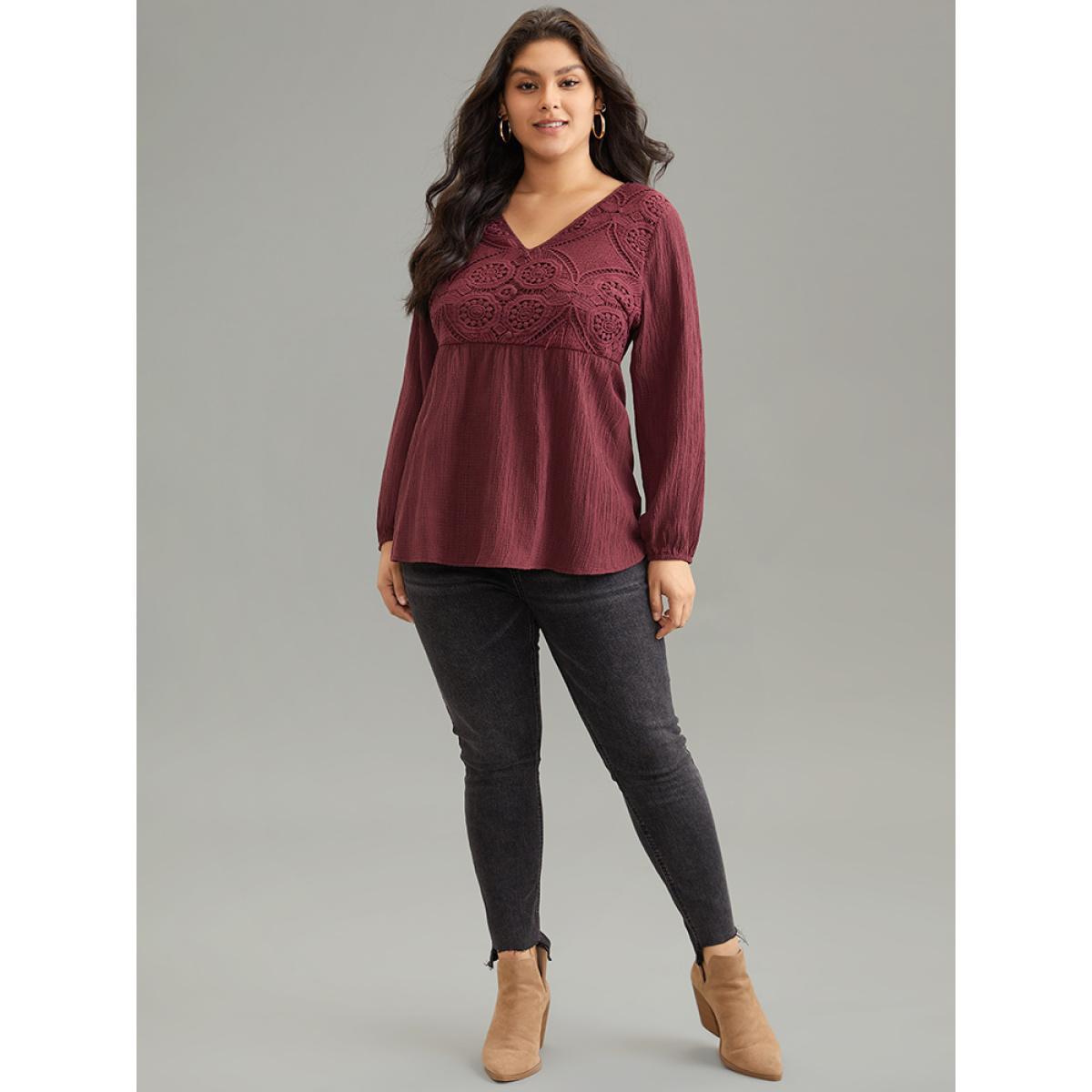 Plus Size Burgundy Solid Crochet Lace Button Detail Blouse Women Elegant Long Sleeve V-neck Dailywear Blouses BloomChic 28/5X Product Image