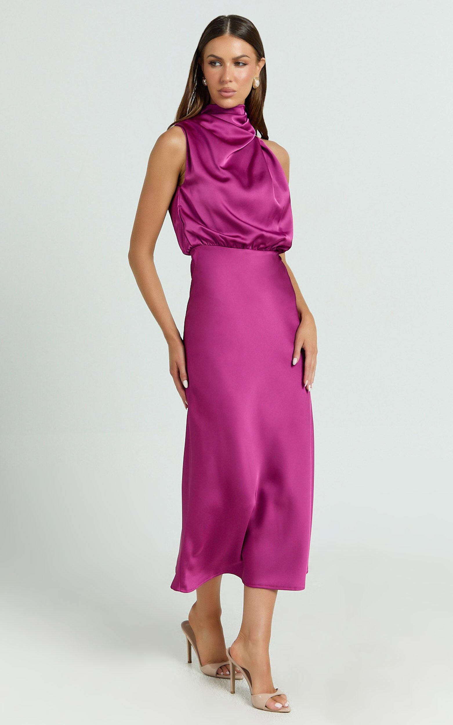 Minnie Midi Dress - Drape Neck Satin Slip Dress in Purple Product Image