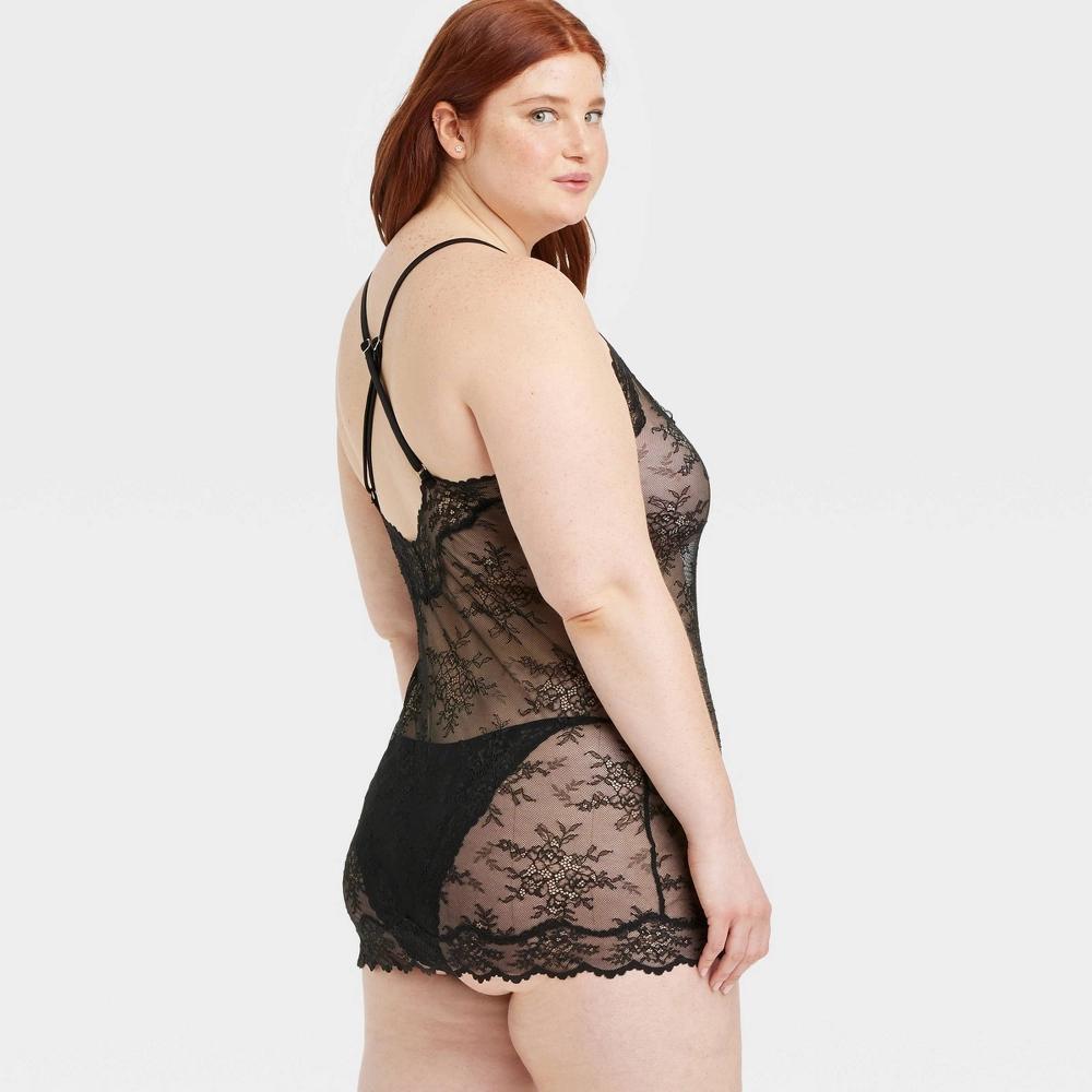 Women's Allover Lace Lingerie Slip Dress - Auden™ Black S: V Back, Adjustable Strap, Above Knee Length Product Image