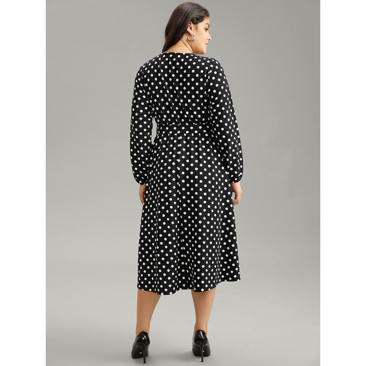 Plus Size Polka Dot Lantern Sleeve Belted Button Detail Dress Black Women Office Elastic cuffs V-neck Long Sleeve Curvy Midi Dress BloomChic 10/M Product Image