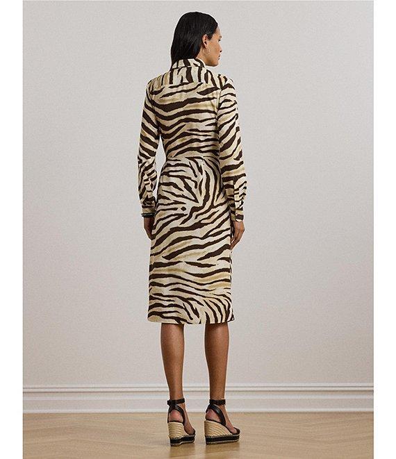 Lauren Ralph Lauren Petite Size Zebra Crepe De Chine Point Collar Tie Front Faux Wrap Dress Product Image