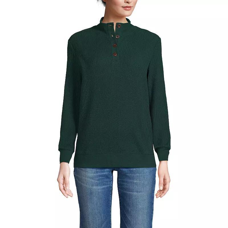Womens Lands End Long-Sleeve Waffle Knit Button Placket Top Deep Green Product Image