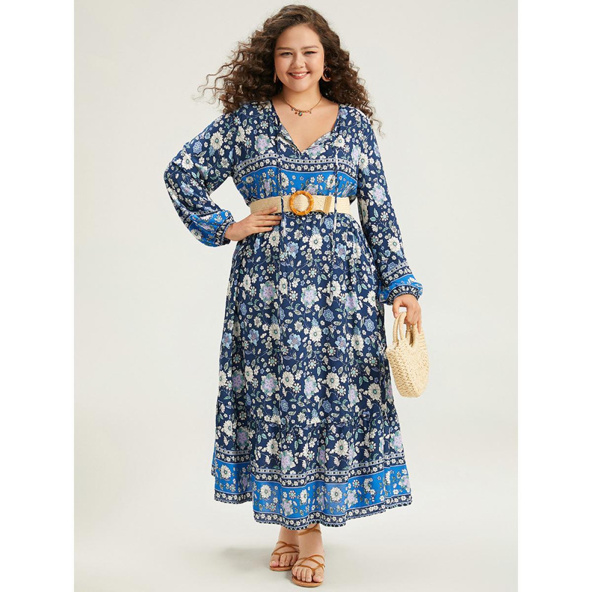 Plus Size Floral Print Pocket Knot Neck Dress Indigo Women Vacation Cross straps Tie Neck Long Sleeve Curvy Midi Dress BloomChic 26/4X Product Image