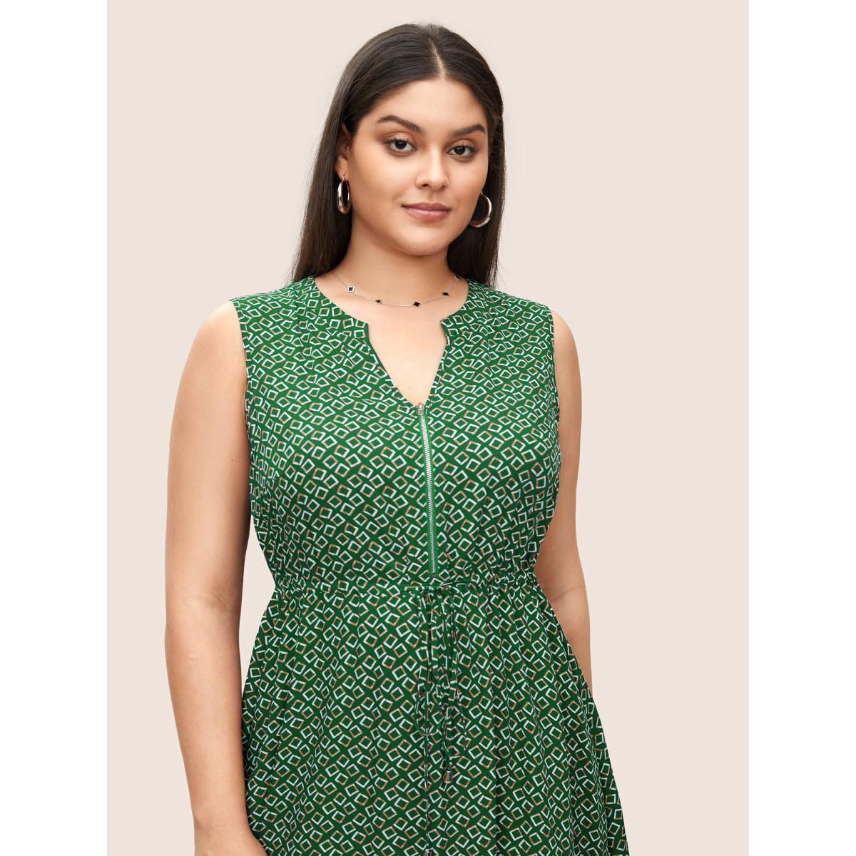 Plus Size Geometric Half Zip Drawstring Arc Hem Dress Teal Women At the Office Drawstring Flat collar with V-notch Sleeveless Curvy BloomChic 10/M Product Image