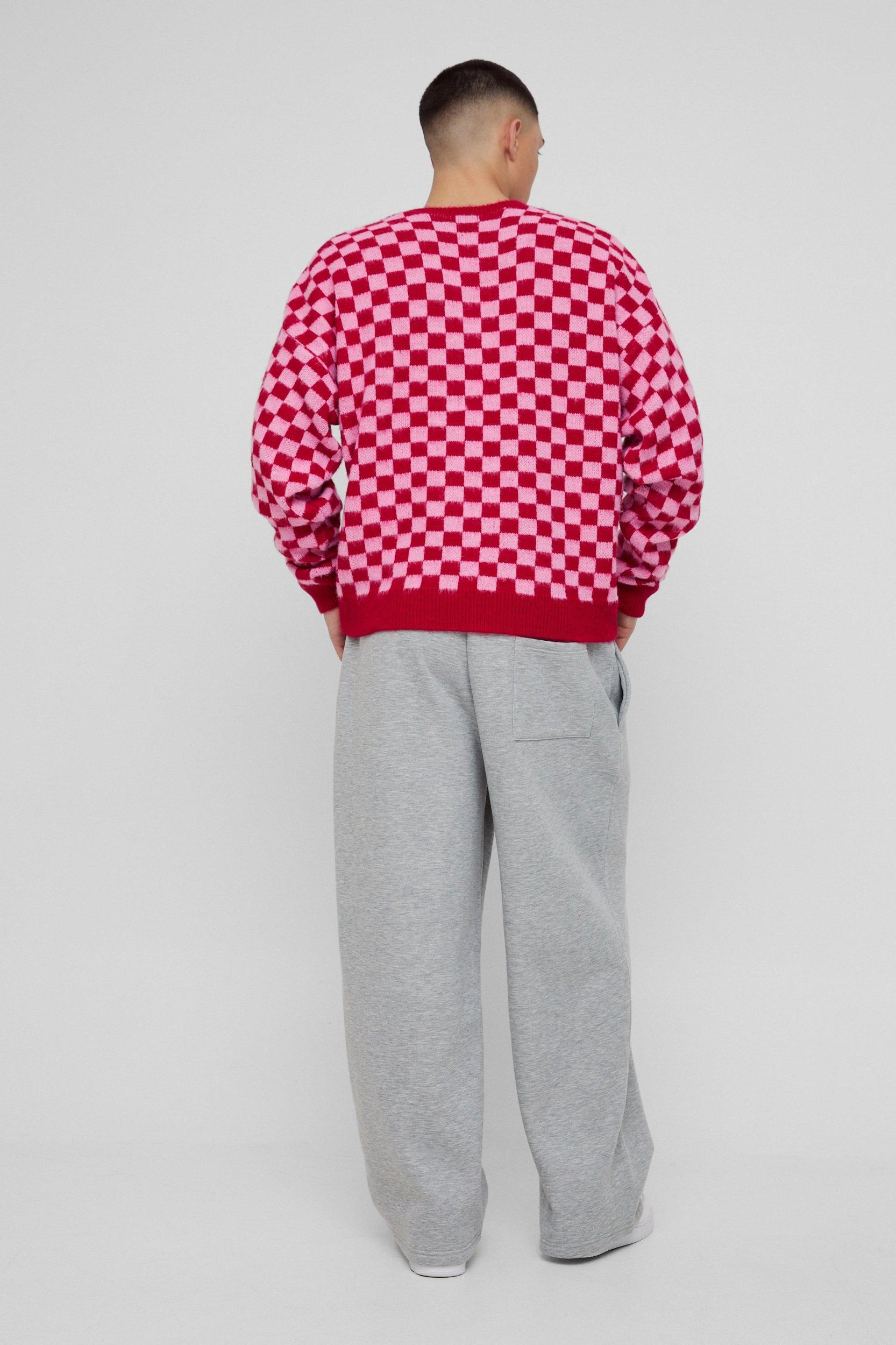 Oversized Boxy Checkered Knitted Brushed Sweater | boohooMAN USA Product Image