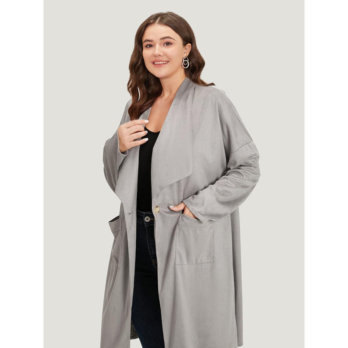 Plus Size Solid Lapel Collar Patched Pocket Faux Suede Coat Women DarkGray Casual Plain Ladies Dailywear Winter Coats BloomChic 26/4X Product Image