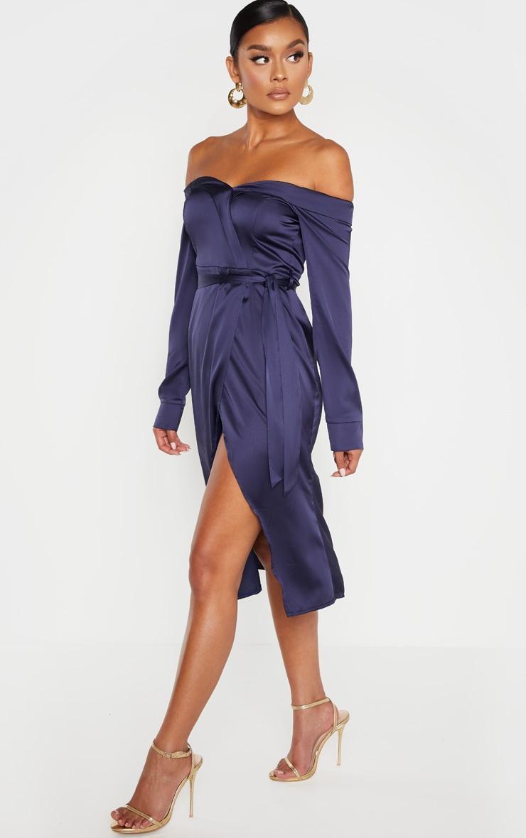 Navy Satin Bardot Lapel Detail Wrap Midi Dress Product Image