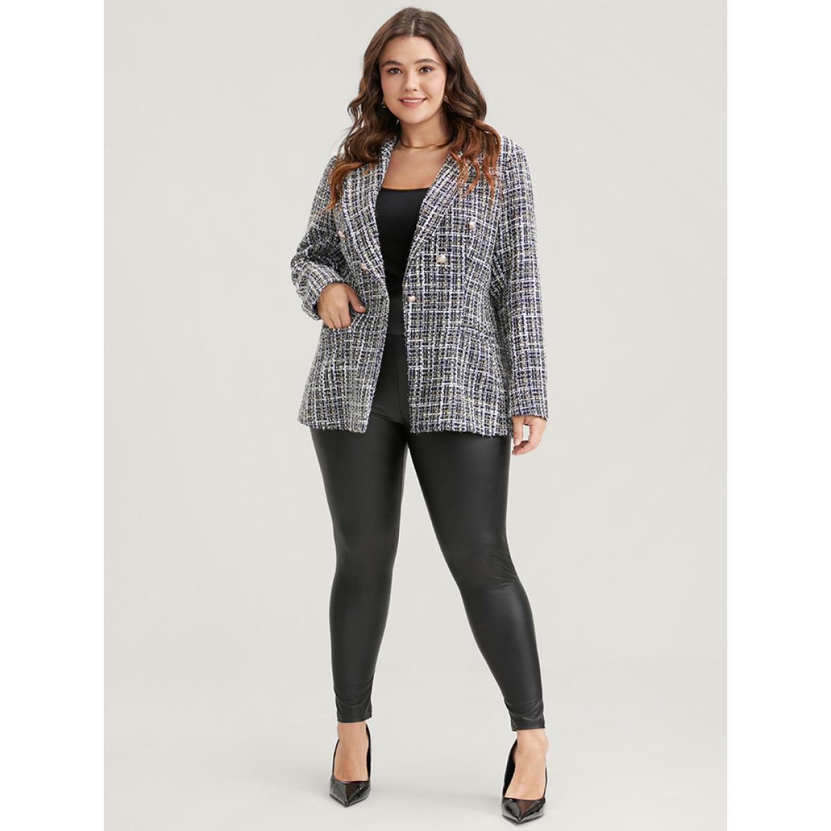 Plus Size Plaid Tweed Pocket Suit Collar Blazer Midnight Women Work Plaid Button Sleeve Long Sleeve Suit Collar 30/6X Pocket Office Blazers BloomChic Product Image