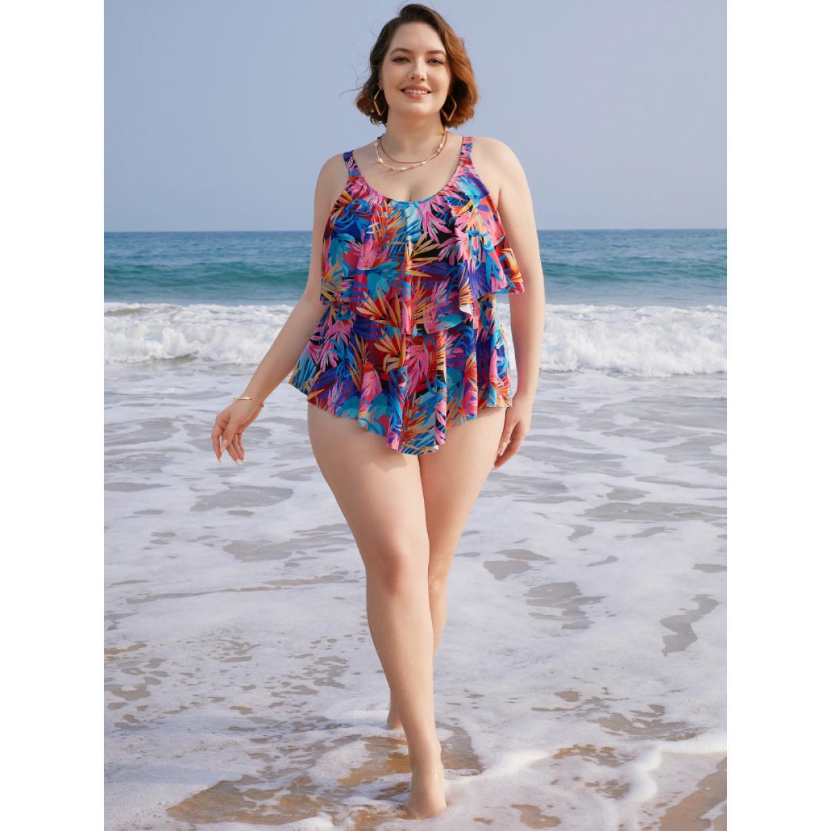 Plus Size Tropical Print Ruffle Tiered Tankini Top Women's Swimwear Multicolor Vacation Adjustable Straps High stretch Bodycon Round Neck Curve Swim Tops BloomChic 28/5X Product Image