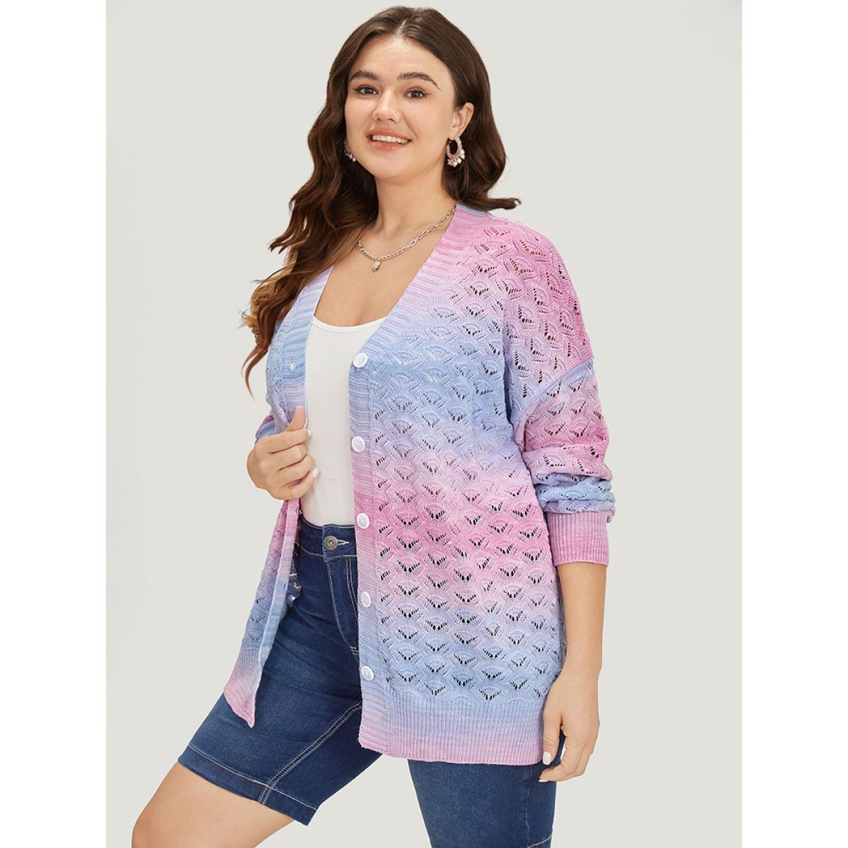 Plus Size Ombre Button Through Hollow Out Cardigan Multicolor Women Casual Loose Long Sleeve Dailywear Cardigans BloomChic 10/M Product Image