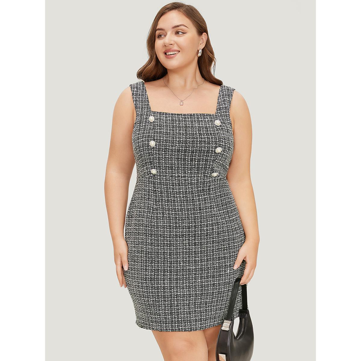 Plus Size Plaid Tweed Zipper Pearl Beaded Tank Dress Black Women Office Zipper Square Neck Sleeveless Curvy Short Dress BloomChic 14-16/1X Product Image