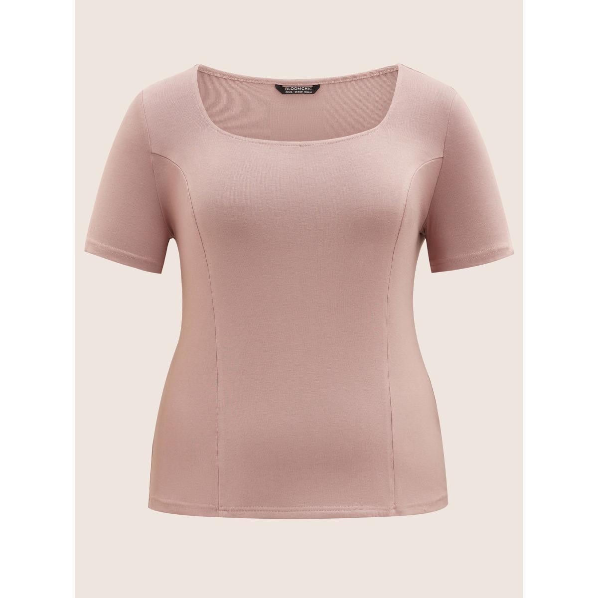 Plus Size Square Neck Solid Rib Knit T-shirt Dirtypink Women Casual Non Square Neck Bodycon Everyday T-shirts BloomChic 10/M Product Image