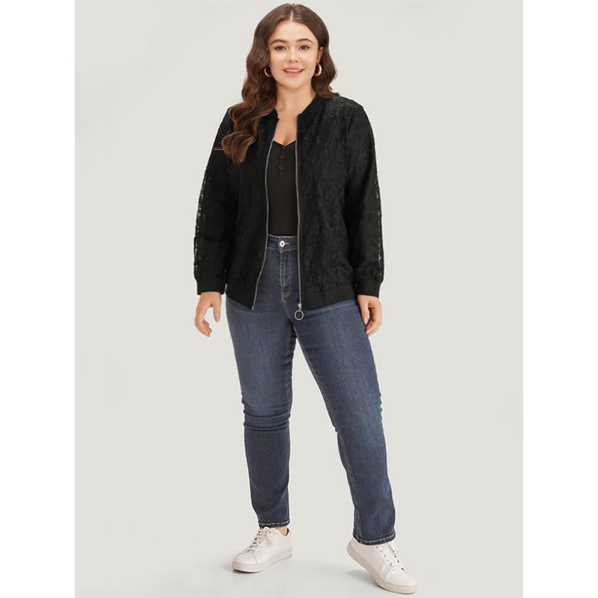 Plus Size Lace Patchwork O Ring Zipper Elastic Cuffs Jacket Women Black Elastic cuffs Everyday Jackets BloomChic 10/M Product Image