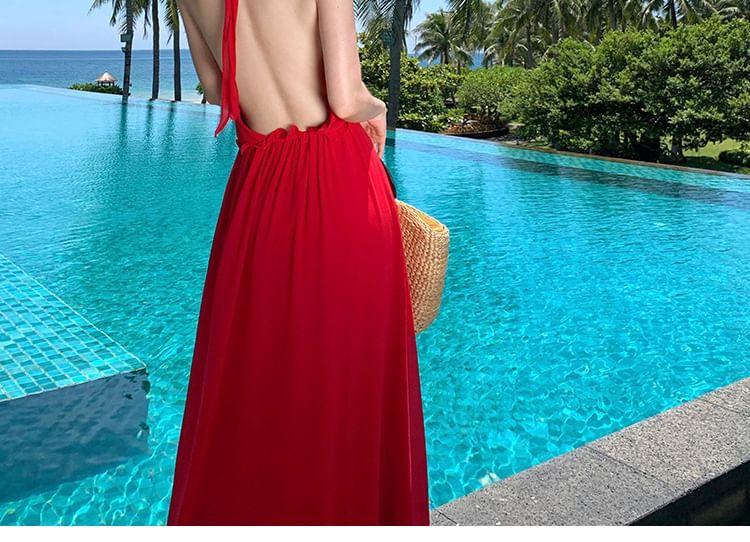Halter Neck Plain Plain Maxi A-Line Dress Product Image