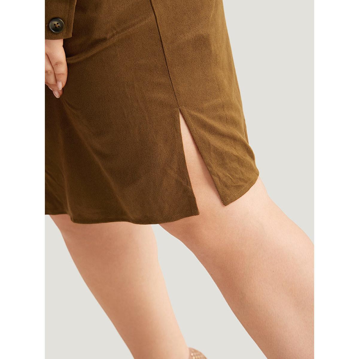 Plus Size Plain Split Hem Button Through Belted Dress Bronze Women Office Plain Shirt collar Long Sleeve Curvy Knee Dress BloomChic 18-20/2X Product Image