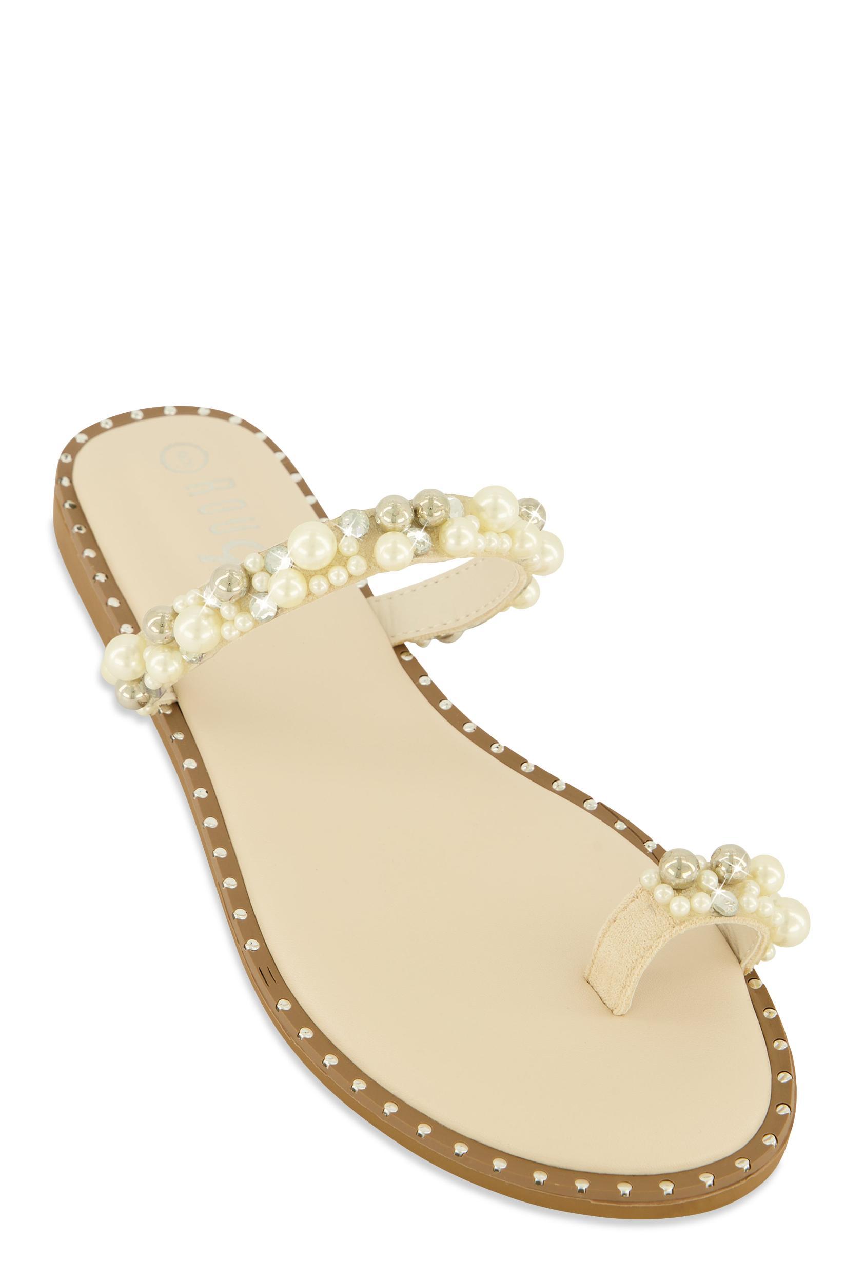 Womens Faux Pearl Rhinestone Toe Loop Slide Sandals Product Image