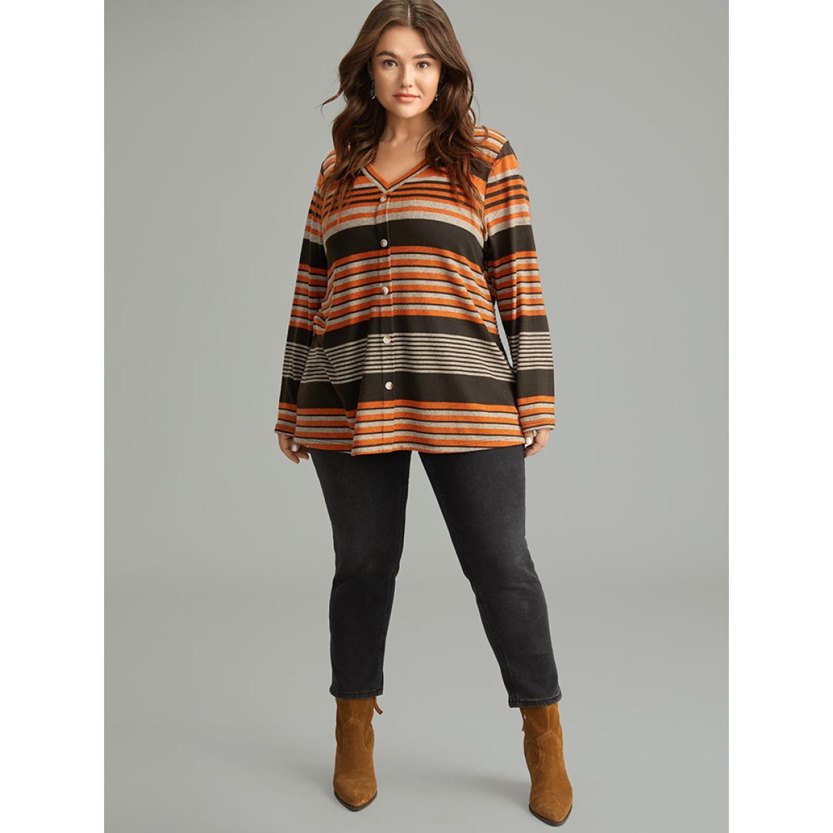 Plus Size Halloween Striped Contrast Button Detail T-shirt Multicolor Women Casual Contrast Striped V-neck Festival-Halloween T-shirts BloomChic 12/L Product Image