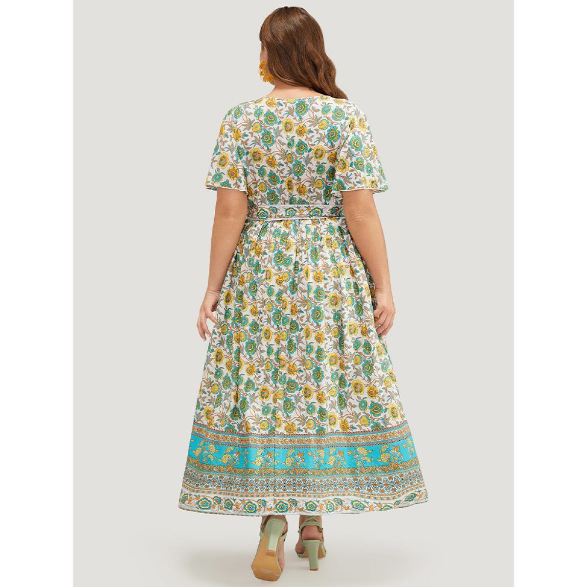 Plus Size Bandana Pocket Belted Surplice Neck Gathered Ruffle Sleeve Dress Multicolor Women Vacation Belted V-neck Short sleeve Curvy Midi Dress BloomChic 14-16/1X Product Image