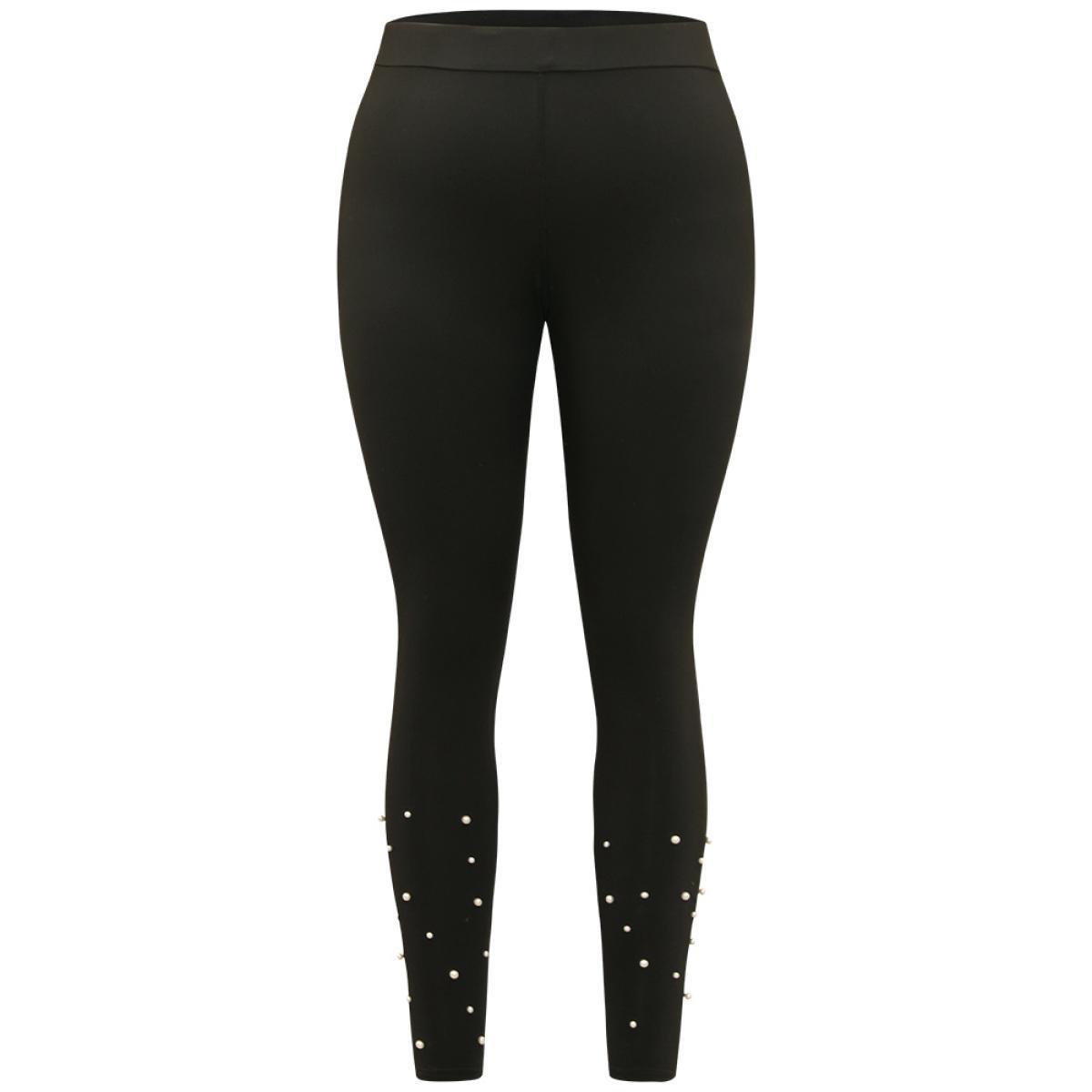Plus Size Skinny Elastic Waist Pearl Beaded Leggings Women Black Elegant High stretch Skinny High Rise Dailywear Leggings BloomChic 26/4X Product Image