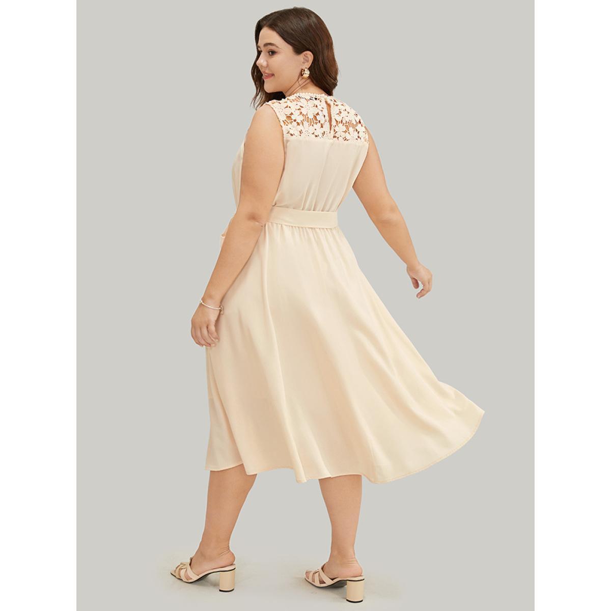 Plus Size Plain Contrast Lace Keyhole Belted Pocket Pompom Trim Tank Dress Beige Women Elegant Lined Round Neck Sleeveless Curvy Midi Dress BloomChic 22-24/3X Product Image