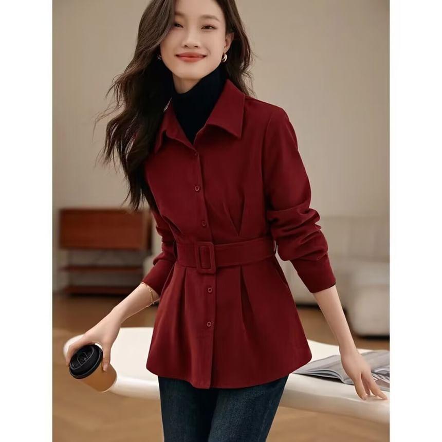 Long-Sleeve Plain Belted Corduroy Shirt Product Image