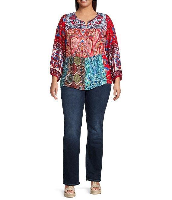Calessa Plus Size Embroidered Printed Split V-Neck 3/4 Sleeve Tunic Product Image