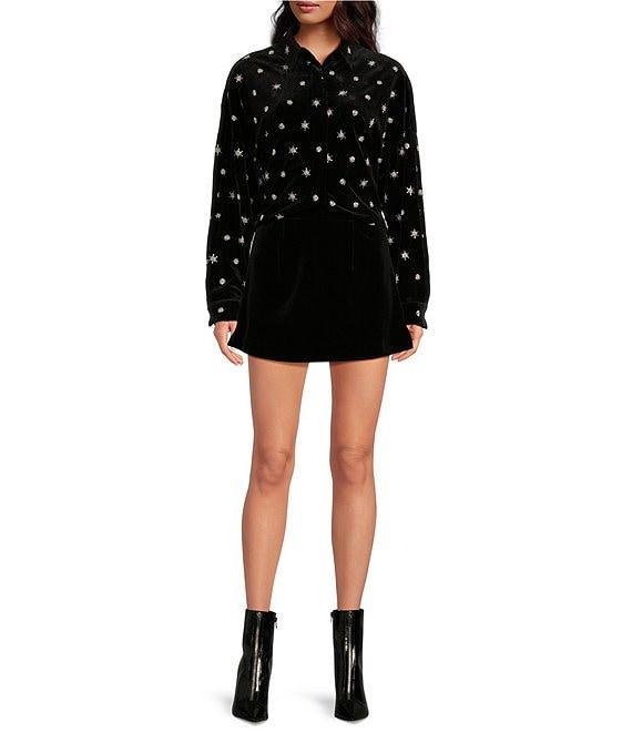 Chelsea & Violet Allegra Velvet Beaded Stars Point Collar Button Front Long Sleeve Cropped Blouse Product Image