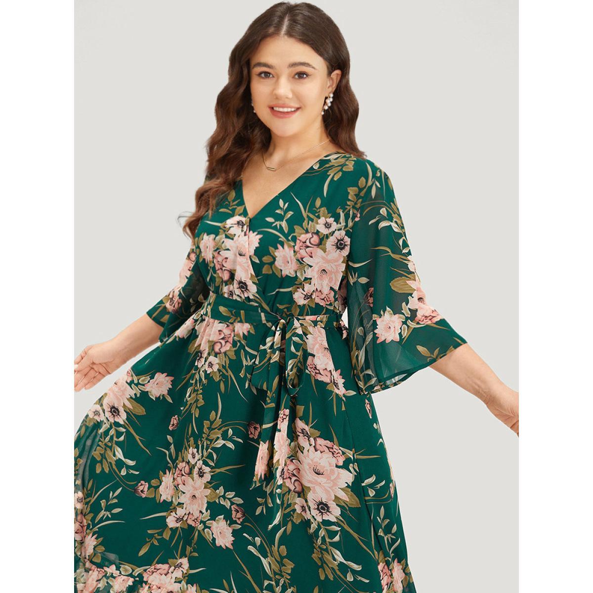 Plus Size Floral Print Surplice Neck Belted Dress DarkGreen Women Elegant Lined V-neck Elbow-length sleeve Curvy Midi Dress BloomChic 10/M Product Image