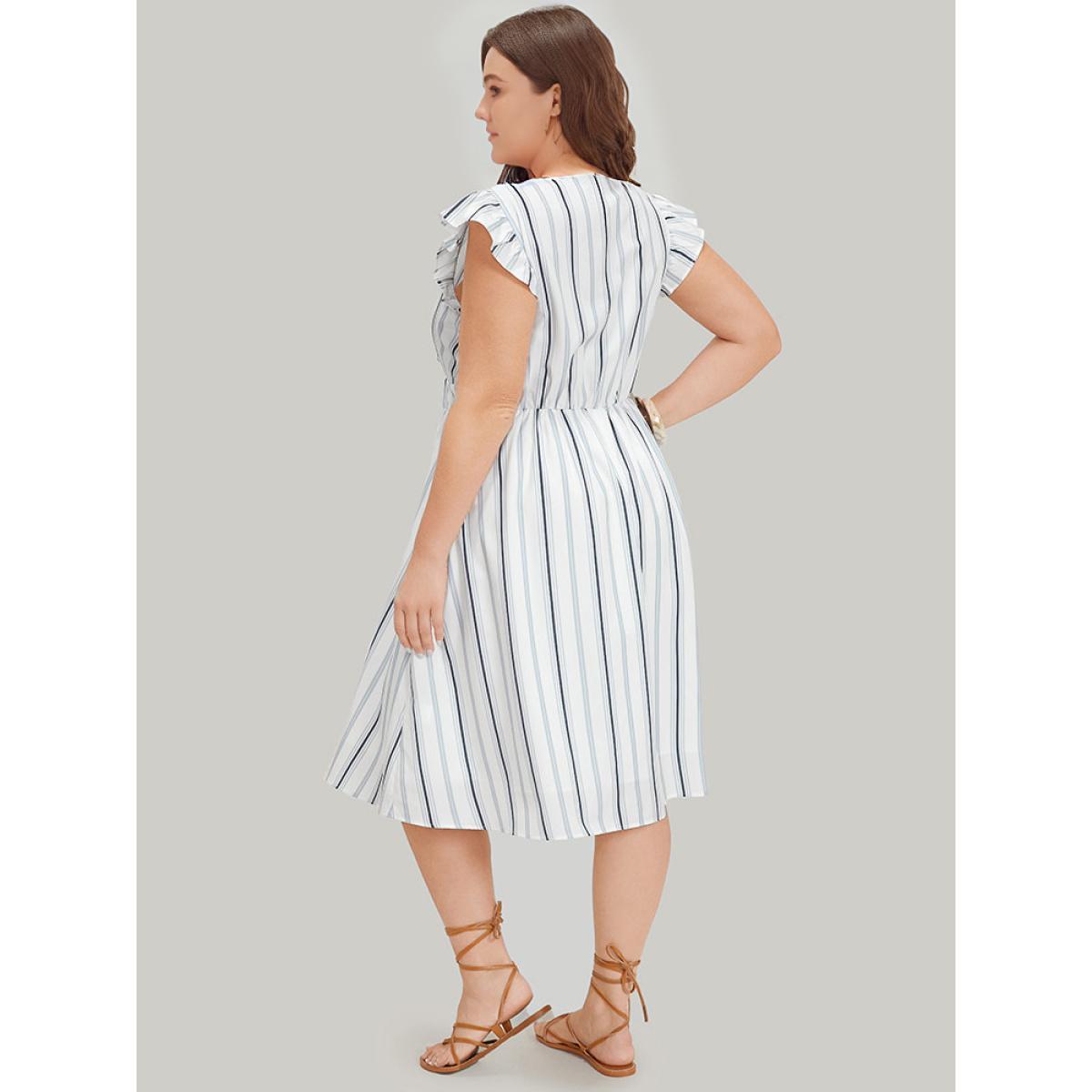 Plus Size Striped Ruffle Cap Sleeve Button Detail Wideband Waist Dress Multicolor Women Elegant Elastic Waist V-neck Cap Sleeve Curvy Midi Dress BloomChic 22-24/3X Product Image