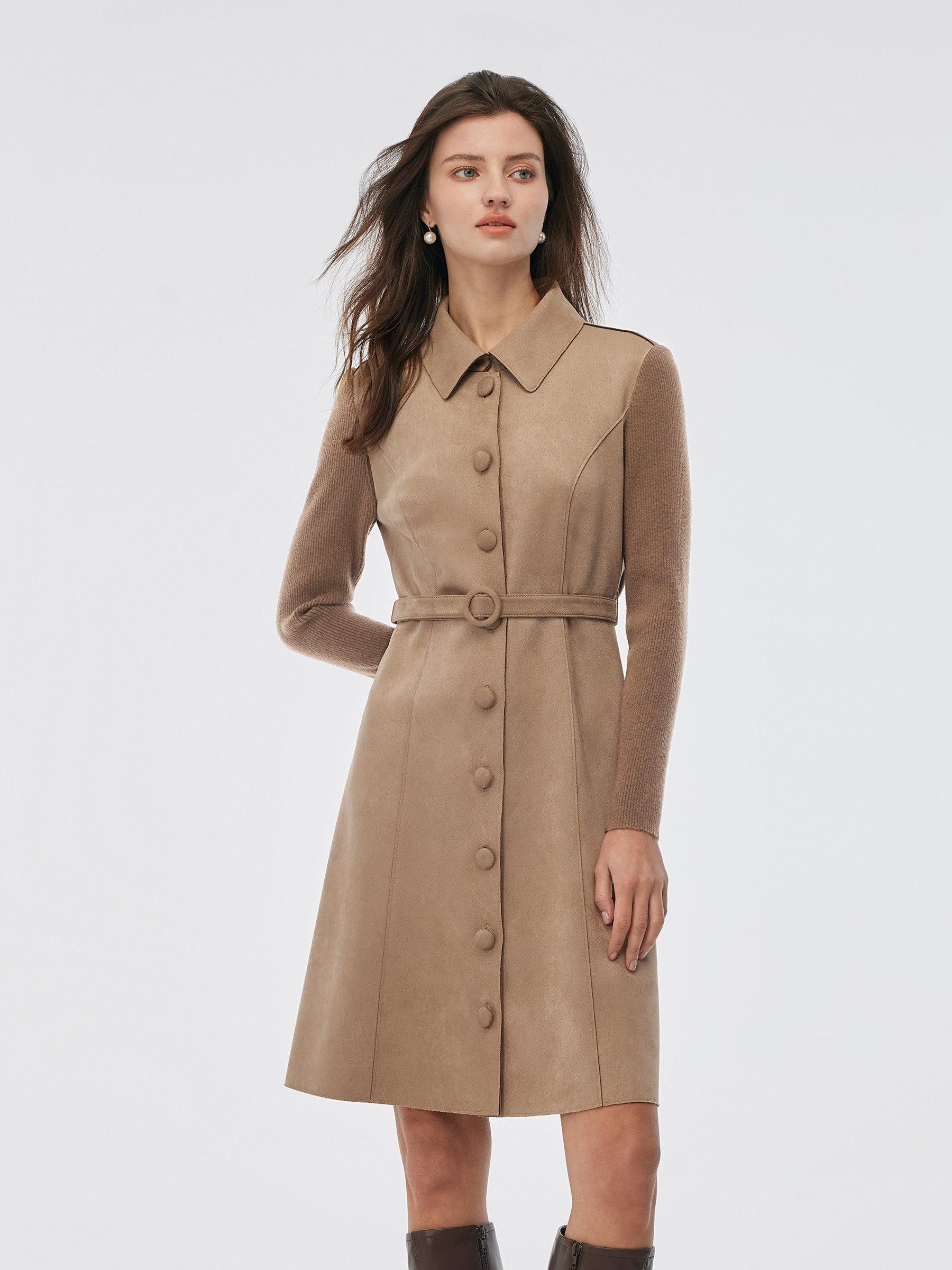 Faux Suede Patchwork Mini Dress With Detachable Short Cape And Belt Product Image