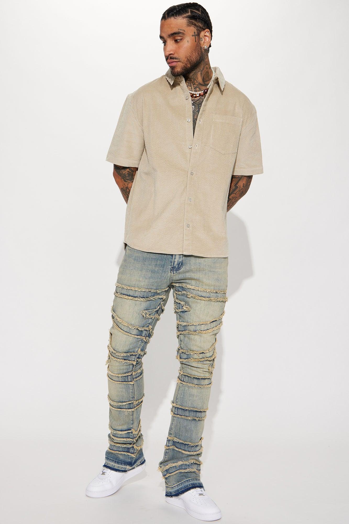 Corduroy Button Down Short Sleeve Woven Top - Cream Product Image