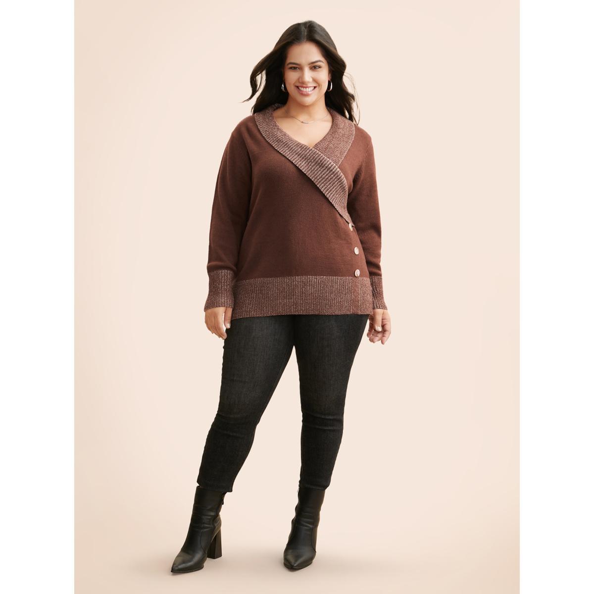 Plus Size Overlap Collar Contrast Button Detail Pullover Rust Women Casual Long Sleeve Overlap Collar Everyday Pullovers BloomChic 22-24/3X Product Image