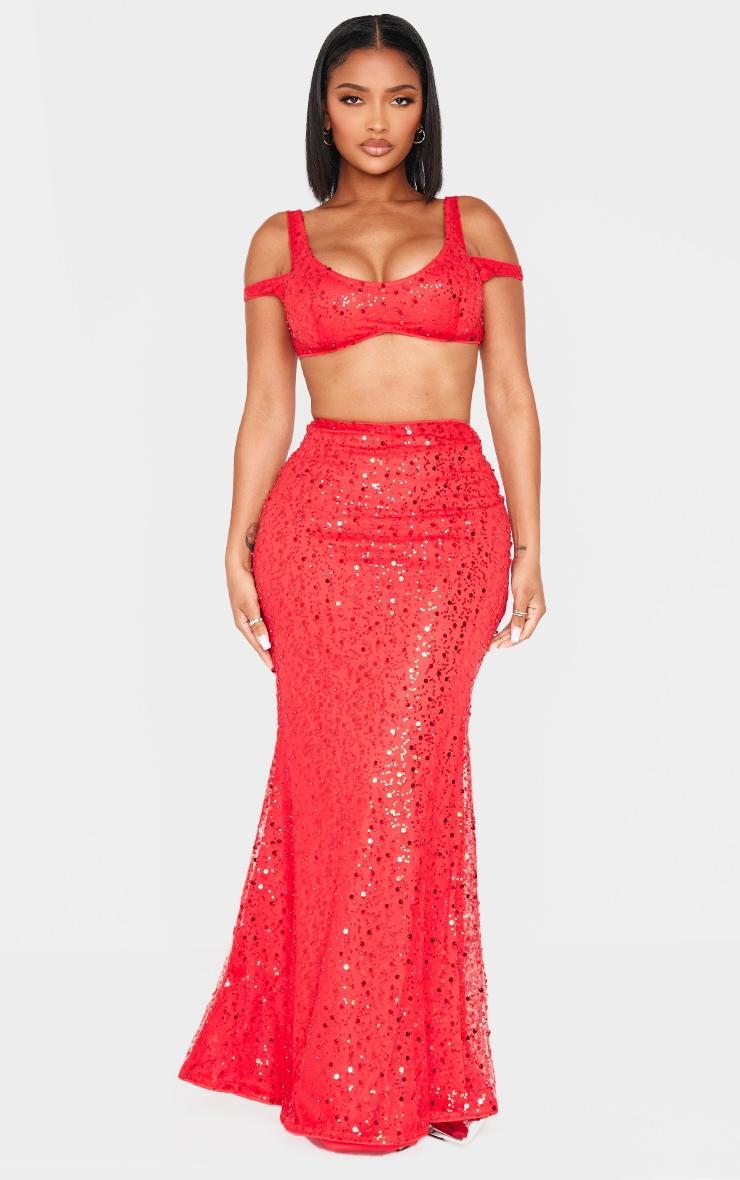 Shape Red Pearl Sequin Bardot Strappy Crop Top Product Image
