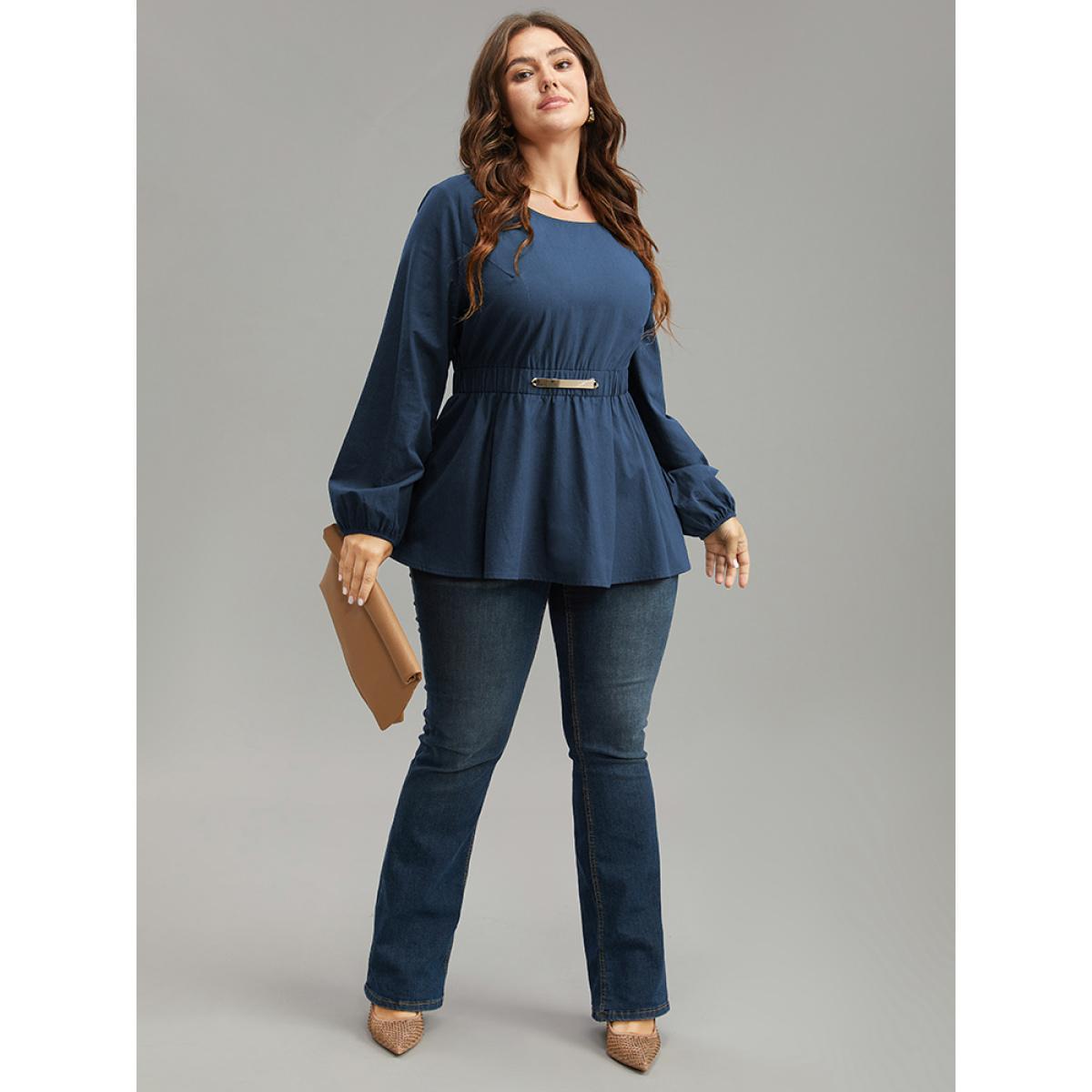 Plus Size Indigo Cotton Solid Metal Detail Lantern Sleeve Blouse Women Office Long Sleeve Round Neck Work Blouses BloomChic 30/6X Product Image