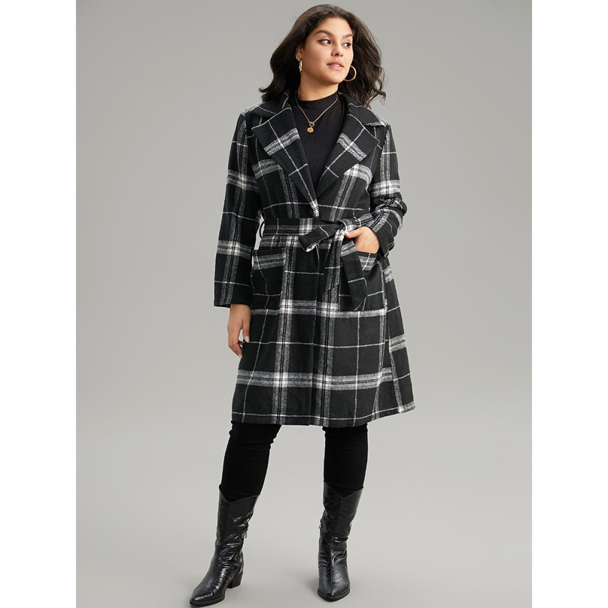 Plus Size Lapel Collar Plaid Belted Contrast Coat Women Black Casual Belted Ladies Dailywear Winter Coats BloomChic 26/4X Product Image