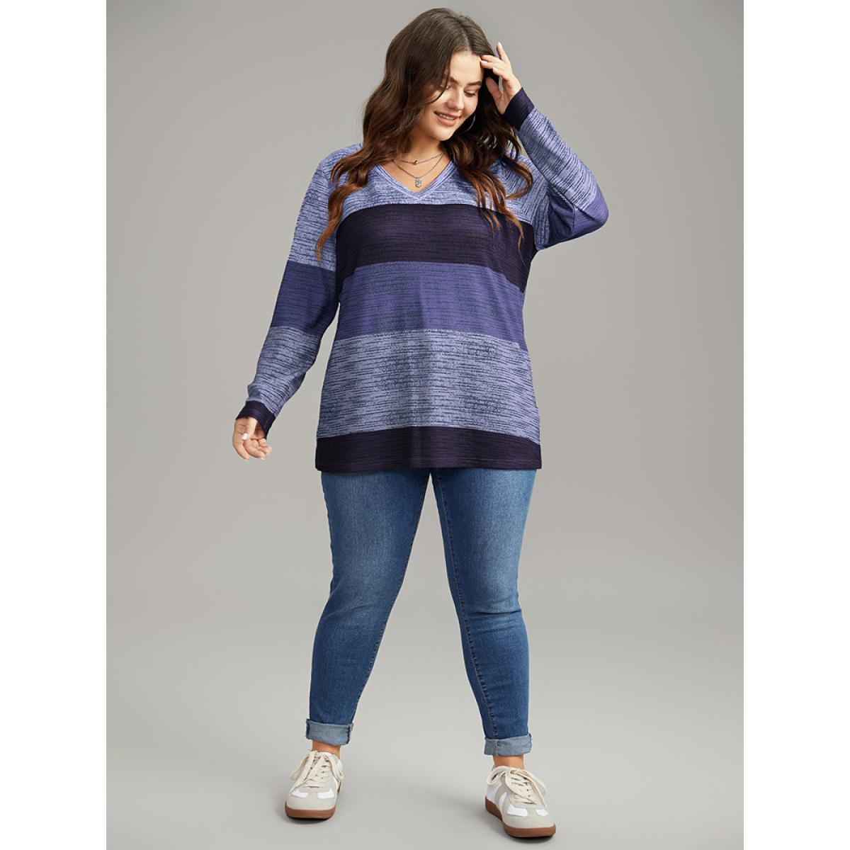 Plus Size Striped Colorblock Contrast V Neck T-shirt Blue Women Casual Contrast Colorblock V-neck Everyday T-shirts BloomChic 14-16/1X Product Image