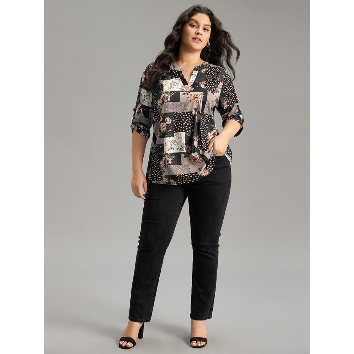Plus Size BlackFlower Floral Colorblock Contrast Tab Sleeve Blouse Women Elegant Elbow-length sleeve V-neck Dailywear Blouses BloomChic 26/4X Product Image
