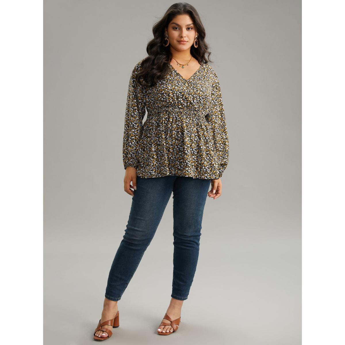 Plus Size Black Ditsy Floral Lantern Sleeve Shirred Blouse Women Elegant Long Sleeve V-neck Dailywear Blouses BloomChic 14-16/1X Product Image
