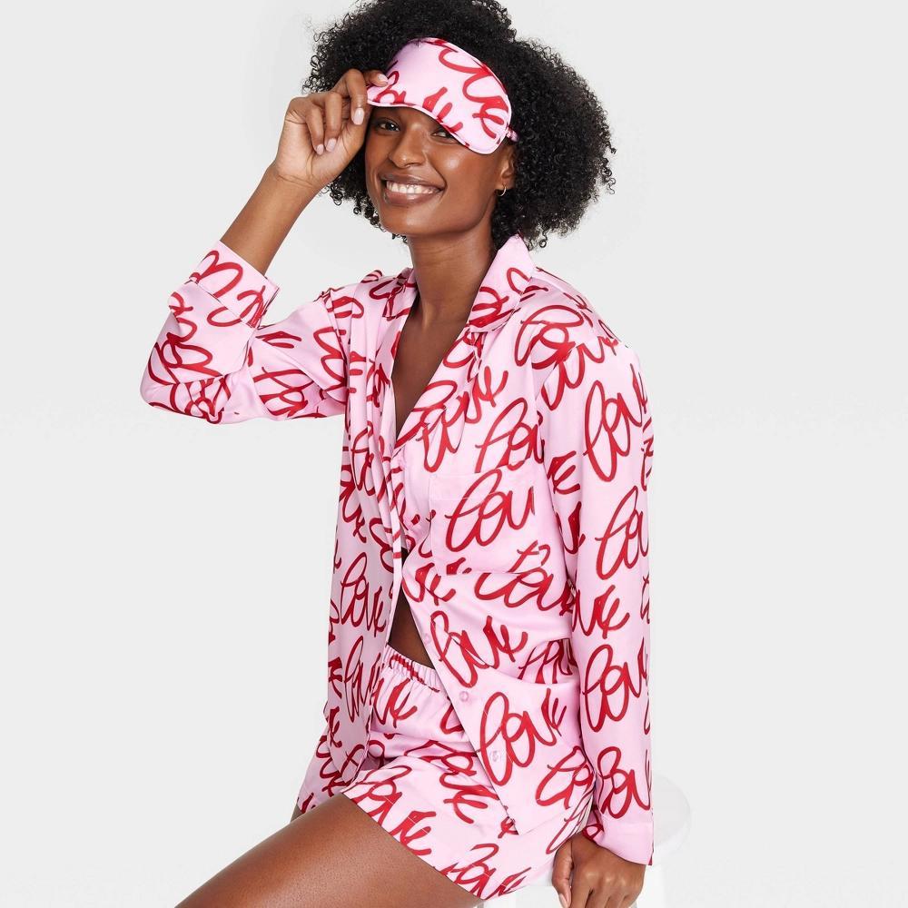 Women's 3pc Satin Long Sleeve Top and Shorts Pajama Set with Eye Mask - Auden™ Pink/Love S Product Image