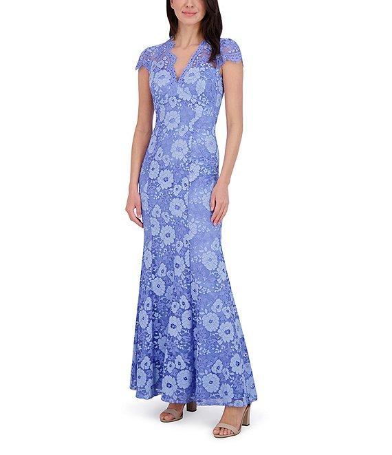 Eliza J Lace V Neck Cap Sleeve Fit and Flare Gown Product Image