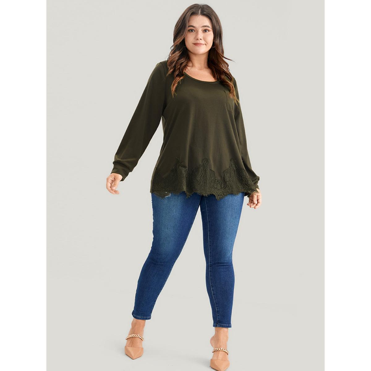 Plus Size Solid Round Neck Pocket Lace Hem Sweatshirt Women ArmyGreen Elegant Patchwork Round Neck Dailywear Sweatshirts BloomChic 10/M Product Image