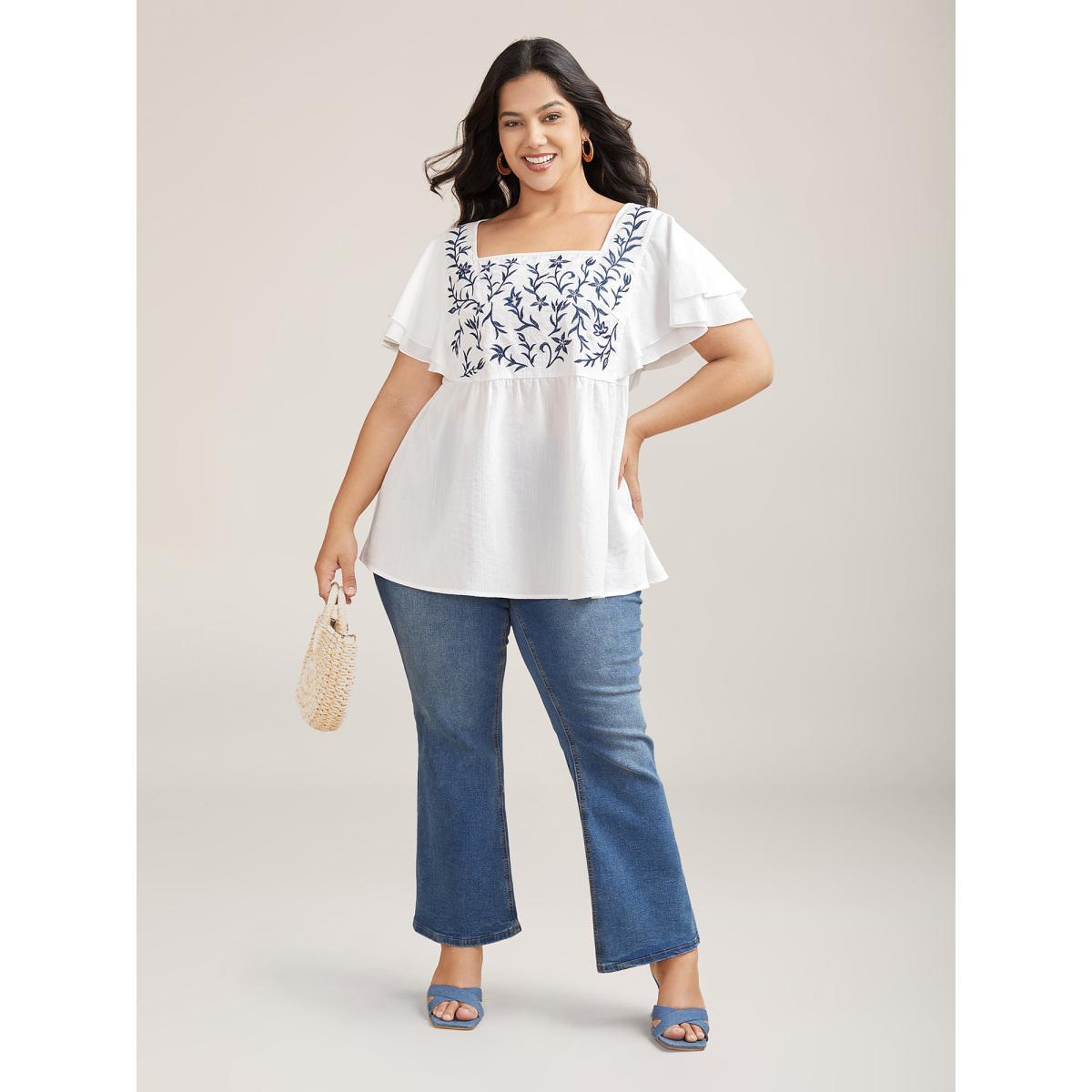 Plus Size Originalwhite Embroidered Layered Flutter Sleeve Blouse Women Resort Cap Sleeve Square Neck Vacation Blouses BloomChic 26/4X Product Image