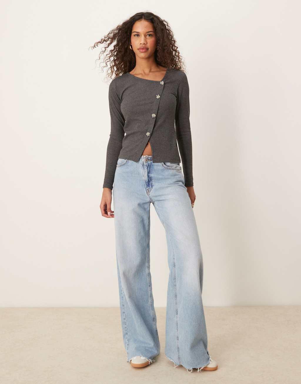 JDY asymmetric ribbed button detail top in dark gray Product Image