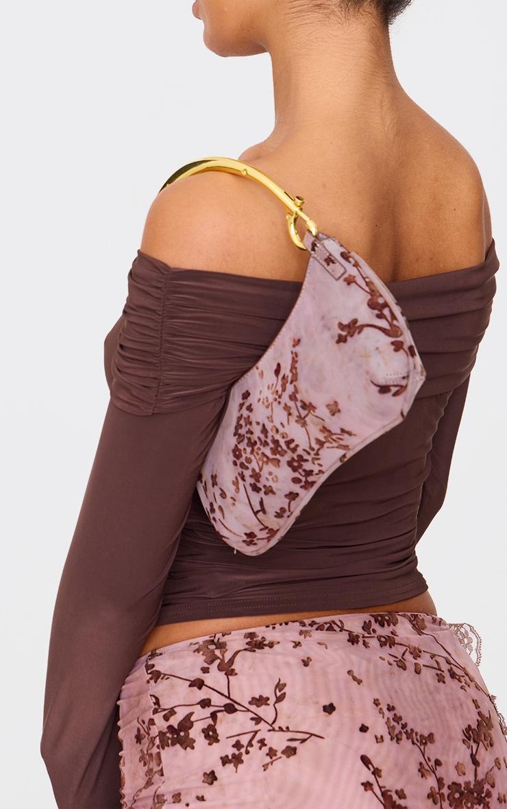 Brown Devore Soft Touch Baguette Metal Trim Handbag Product Image