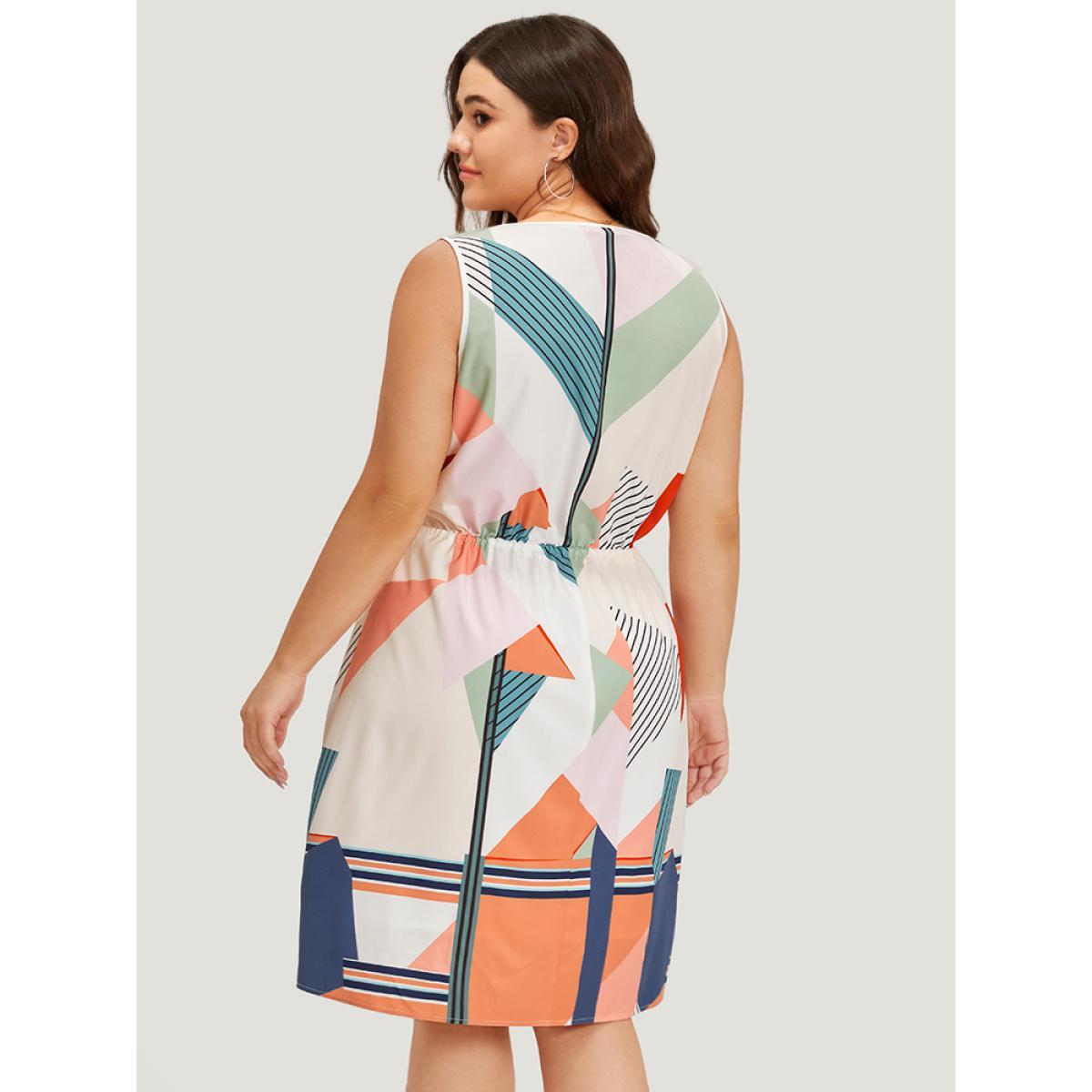 Plus Size Geometric Print Pocket Drawstring Keyhole Tank Dress Multicolor Women Vacation Keyhole Keyhole Cut-Out Sleeveless Curvy Knee Dress BloomChic 10/M Product Image