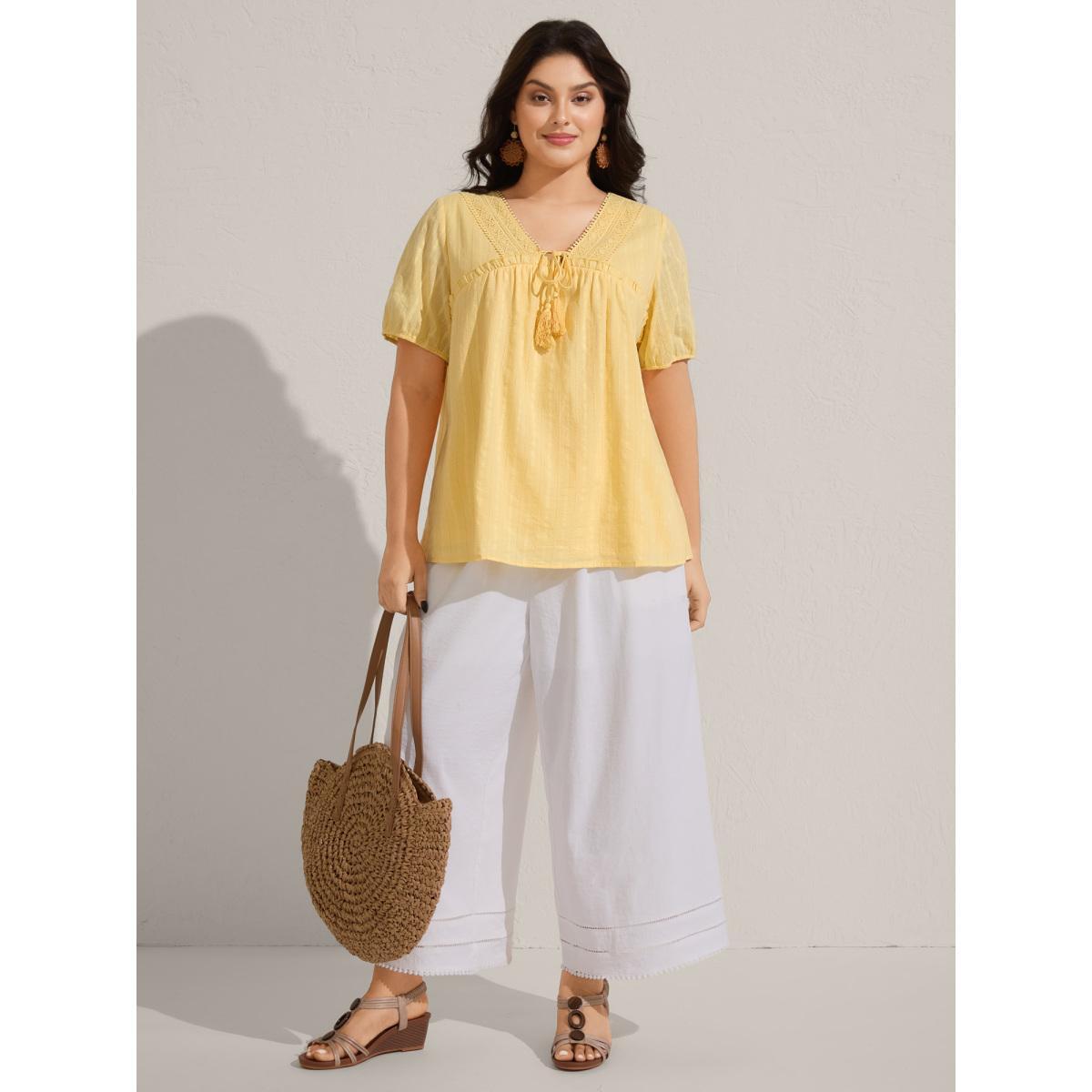 Plus Size Lightyellow Cotton Textured Lace Trim Neck-Tie Blouse Women Short sleeve V-neck Vacation Blouses BloomChic 22-24/3X Product Image