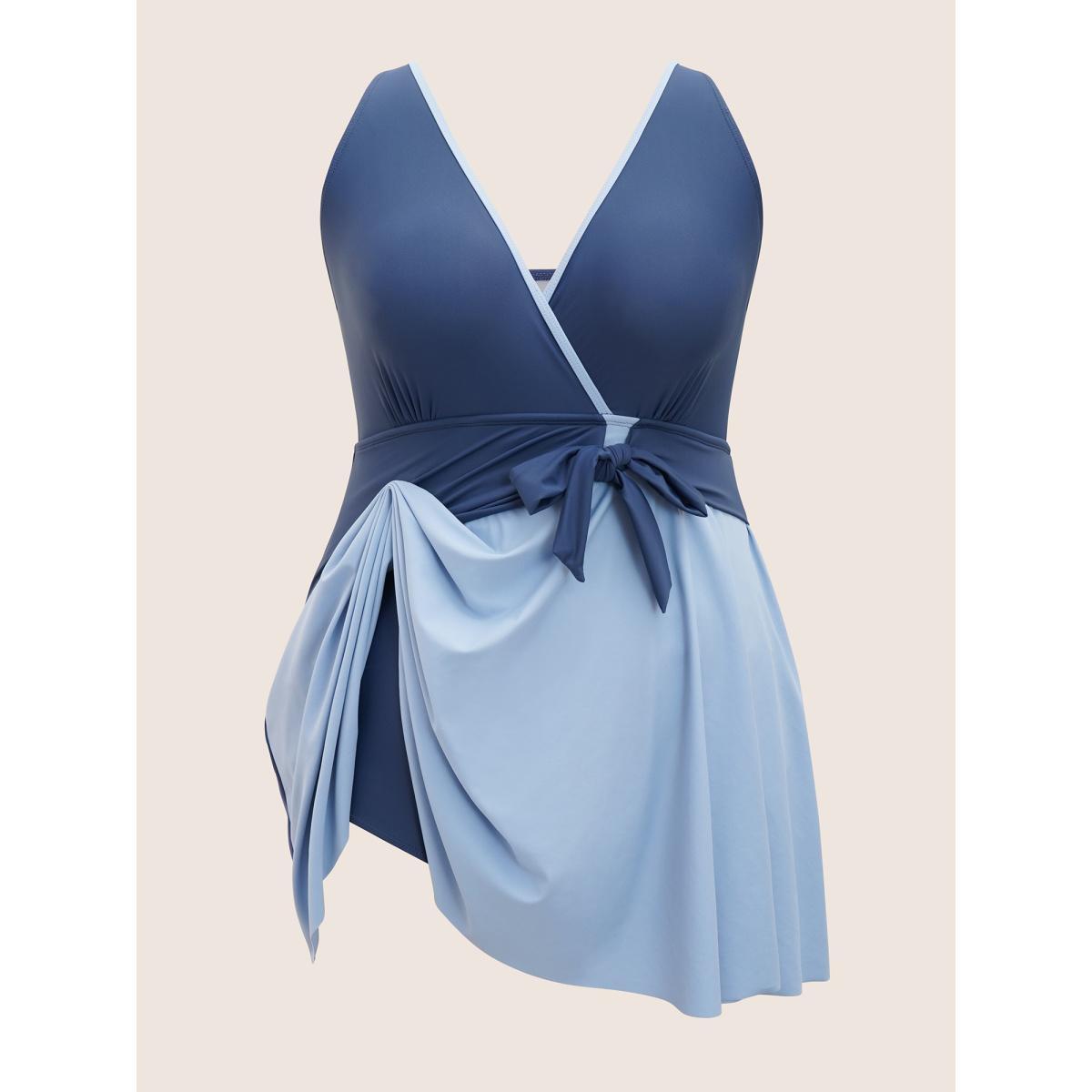 Plus Size Contrast V Neck Tie Knot Swim Dress Women's Swimwear Indigo Beach Bodycon V-neck High stretch Curve Swim Dresses BloomChic 10/M Product Image