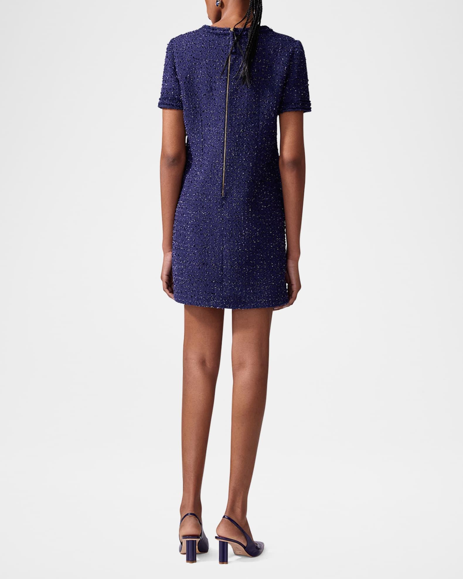 Bow-Neck Short-Sleeve Tweed Mini Dress Product Image