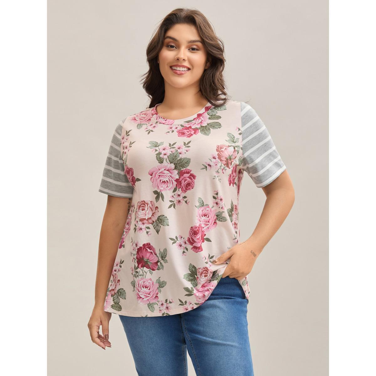 Plus Size Floral Striped Stretchy Crew Neck T-Shirt Multicolor Women Casual Contrast Natural Flowers Round Neck Everyday T-shirts BloomChic 14-16/1X Product Image