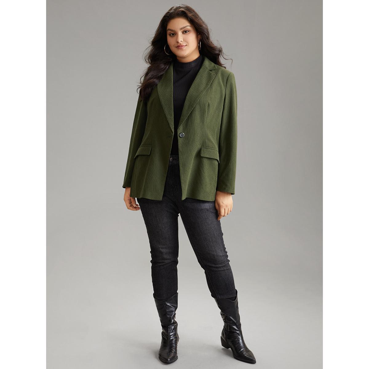 Plus Size Corduroy Suit Collar Button Up Flap Pocket Blazer ArmyGreen Women Work Plain Texture Sleeve Long Sleeve Suit Collar 26/4X Pocket Work From Home Blazers BloomChic Product Image